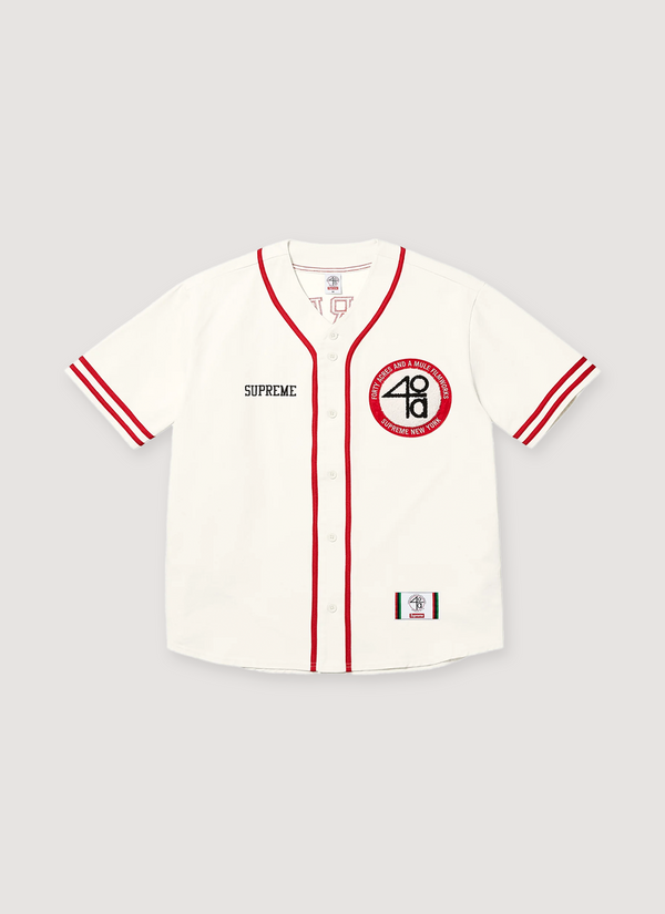 Supreme 40 Acres Twill Baseball Jersey Natural front with red details 40 Acres Twill Baseball Jersey Natural - Authenticated T-shirts | Pieces Los Angeles