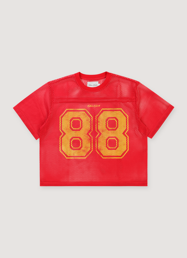 Neaux Doubt 88 Mesh Jersey Red Yellow with reinforced cover seam finish, round neck self trim, screen printed logos, odor resistant, front view 88 Mesh Jersey Red Yellow - Authenticated T-shirts | Pieces Los Angeles