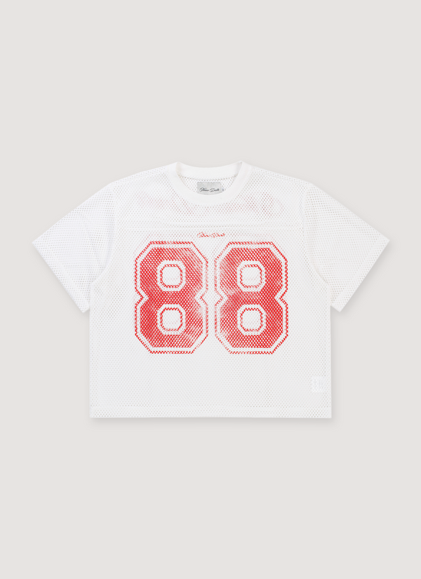 Neaux Doubt 88 Mesh Jersey White Red with reinforced cover seam finish, round neck self trim, screen printed logos, odor resistant, front view 88 Mesh Jersey White Red - Authenticated T-shirts | Pieces Los Angeles