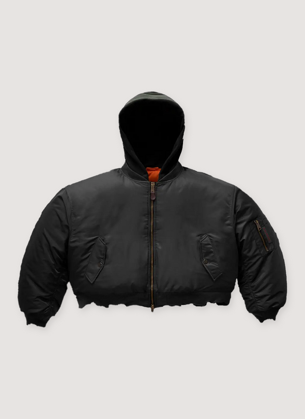 GV Gallery Hooded Bomber Black nylon Jacket zip up Hoodie with orange inside, distressed and dirtied detail, snap pockets, front view Hooded Bomber Black - Authenticated Jackets | Pieces Los Angeles