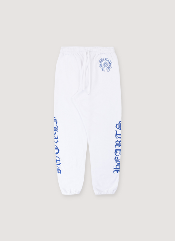 Chrome Hearts Horseshoe Logo Sweatpants White Blue with printed logo by the waist and printed logos on the side of the legs, adjustable drawstring waist, elastic cuff ankle opening, front view Horseshoe Logo Sweatpants White Blue - Authenticated Sweatpants | Pieces Los Angeles