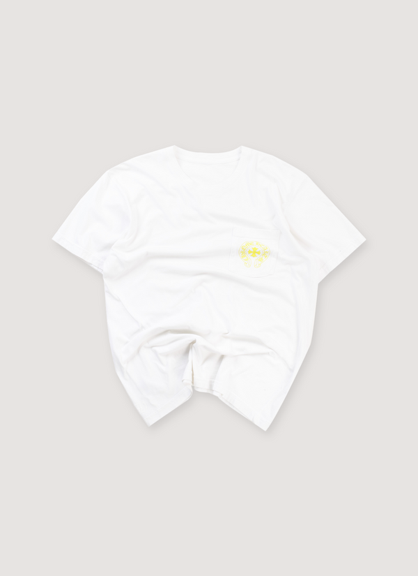 Chrome Hearts Made in Hollywood Tee White Yellow (Pre-Owned) with front chest pocket, screen printed yellow logos, front view Made in Hollywood Tee White Yellow (Pre-Owned) - Authenticated T-shirts | Pieces Los Angeles