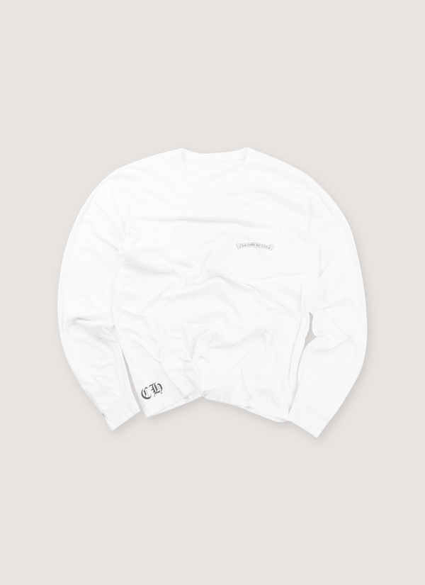 Chrome Hearts Cemetery Cross Scroll Longsleeve White (Pre-Owned) with front chest pocket, ribbed cuffs, front view Cemetery Cross Scroll Longsleeve White (Pre-Owned) - Authenticated Longsleeves | Pieces Los Angeles