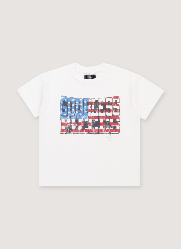 Pieces No Vacancy GBP Rhinestone Tee Shirt Off White garment dyed with screen printed logo of the American flag, cut and sewn garment, boxy cropped fit, handset cross rhinestone pattern, hand distressed details, front view GBP Rhinestone Tee Off White - Authenticated T-shirts | Pieces Los Angeles