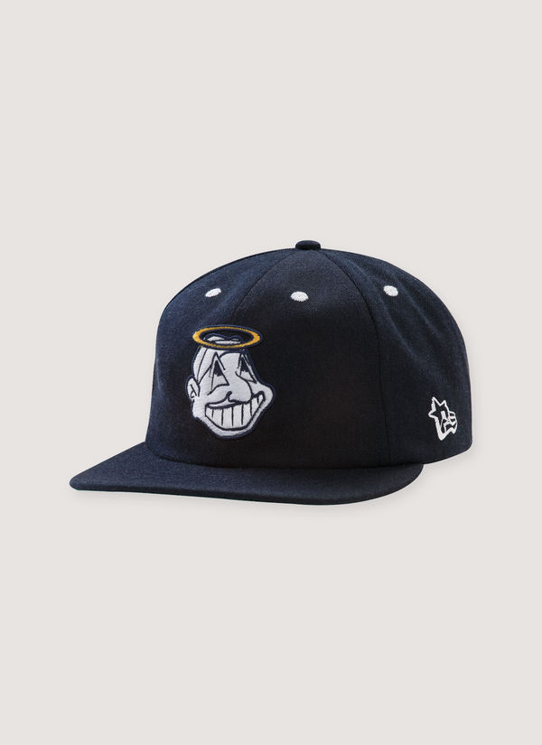 Pieces God Vs Devil Baseball Cap Navy Blue with a graphic of a Native American Indian with a halo, front view God Vs Devil Baseball Cap Navy - Authenticated Hats | Pieces Los Angeles
