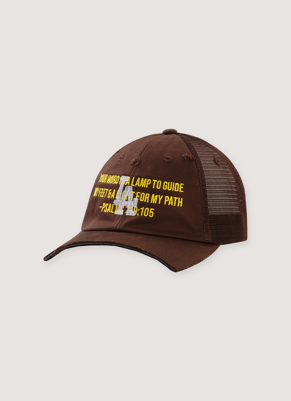 Neaux Doubt LA Dodgers Chopped Trucker Hat Brown with chopped brim, structured front panel, mesh back paneling, embroidered yellow text, chain stitched LA logo, adjustable fit, front view LA Dodgers Chopped Trucker Hat Brown - Authenticated Hats | Pieces Los Angeles
