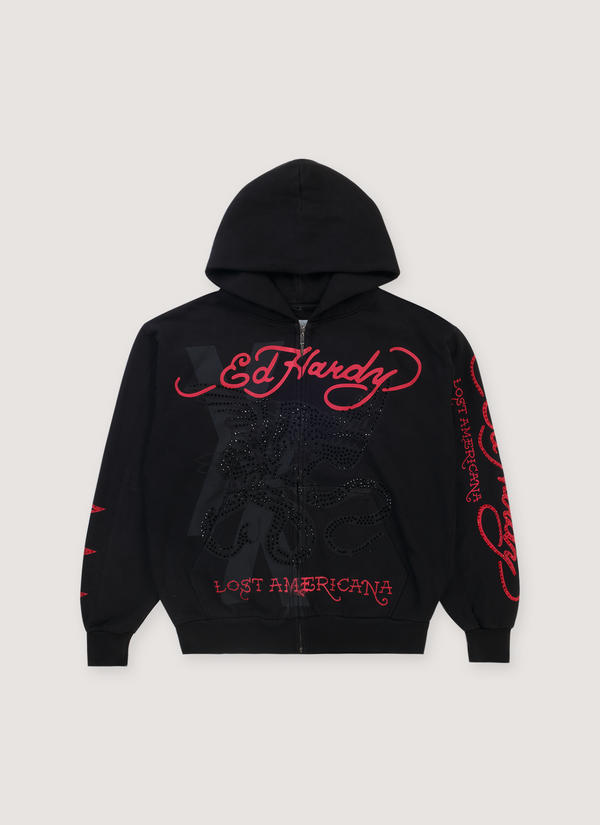 Ed Hardy MGK Flames Rhinestone Zip Up Sweatshirt Hoodie Black with red printed logo text all over, zippered closure, rhinestone details, ribbed cuff and hem, front view MGK Flames Rhinestone Zip Up Sweatshirt Black - Authenticated Sweatshirts | Pieces Los Angeles