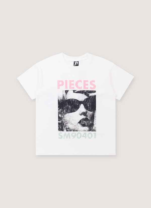 Pieces 90401 Tee Vintage White front view with faded image of woman in sunglasses with text that says Pieces SM90401 90401 Tee Vintage White - Authenticated T-shirts | Pieces Los Angeles
