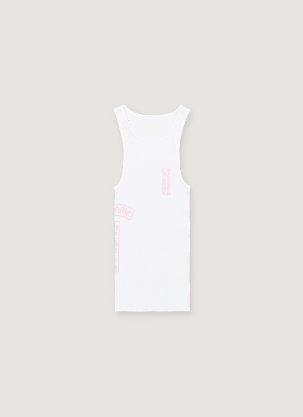 Chrome Hearts T Bar Ribbed Tank White Pink white ribbed tank top with printed pink logos, front view T Bar Ribbed Tank White Pink - Authenticated Sleeveless | Pieces Los Angeles