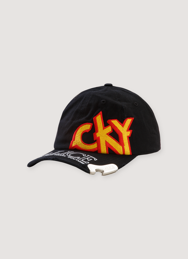 Alice Hollywood Alice/CKY Logo Cap Black hat with yellow text front view with bottle opener on brim Alice/CKY Logo Cap Black - Authenticated Hats | Pieces Los Angeles