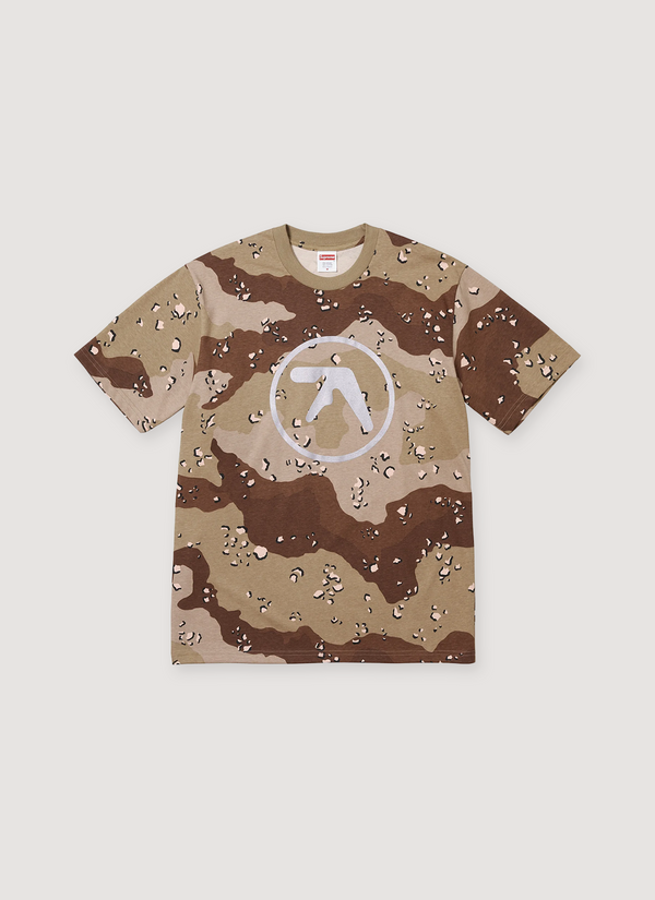 Supreme Aphex Twin Ambient Works Tee camo camouflage brown tan khaki with white logo, front view Aphex Twin Ambient Works Tee - Authenticated T-shirts | Pieces Los Angeles