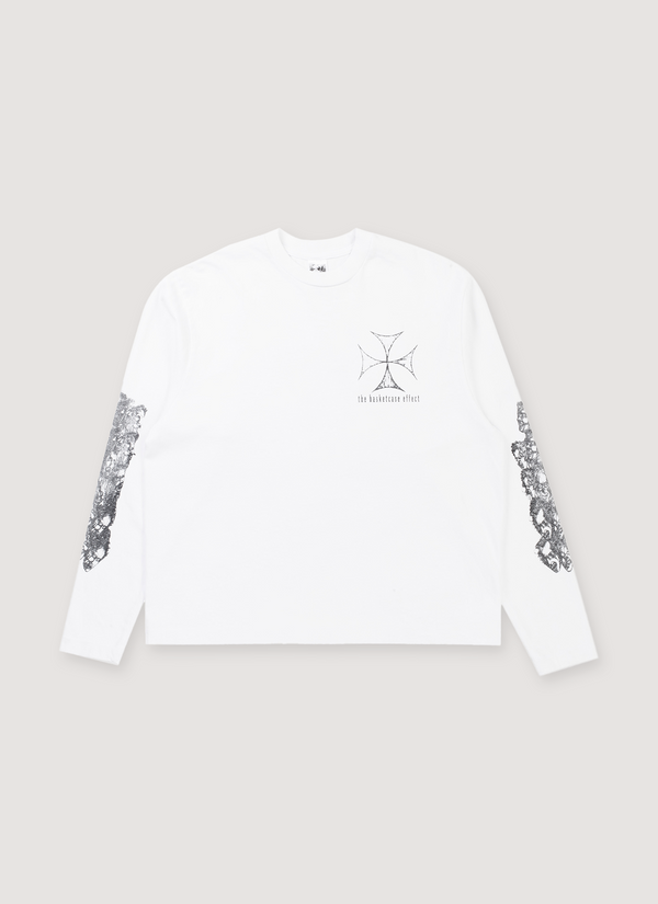 Basketcase Gallery Bogey Longsleeve White with printed logos and ribbed cuff and hem, front view Bogey Longsleeve White - Authenticated Longsleeves | Pieces Los Angeles
