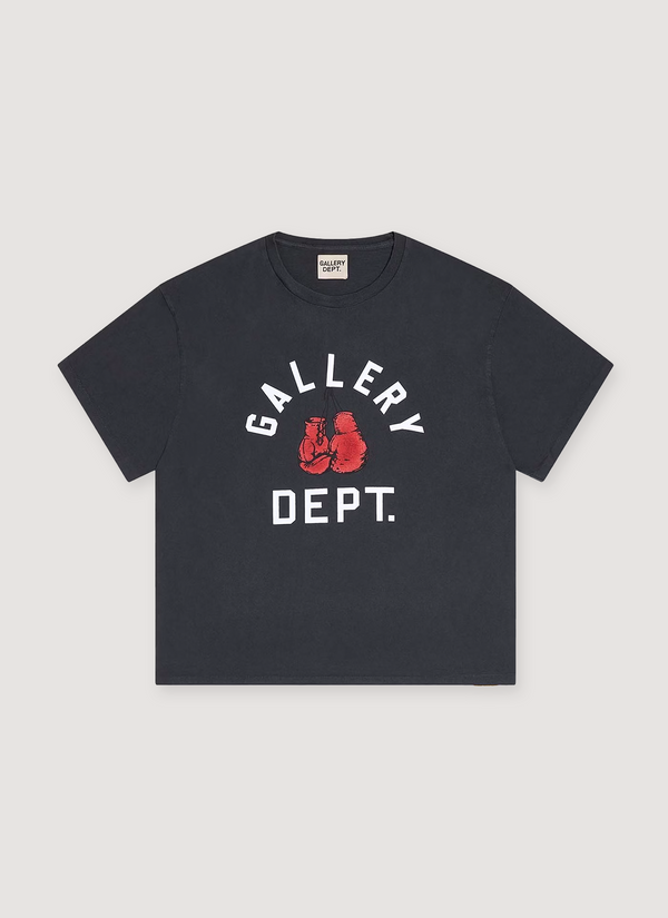 Gallery Dept. Boxing Merch Tee Shirt Vintage Black with printed white and red logo, vintage wash, ribbed collar, boxy cropped fit, front view Boxing Merch Tee Vintage Black - Authenticated T-shirts | Pieces Los Angeles