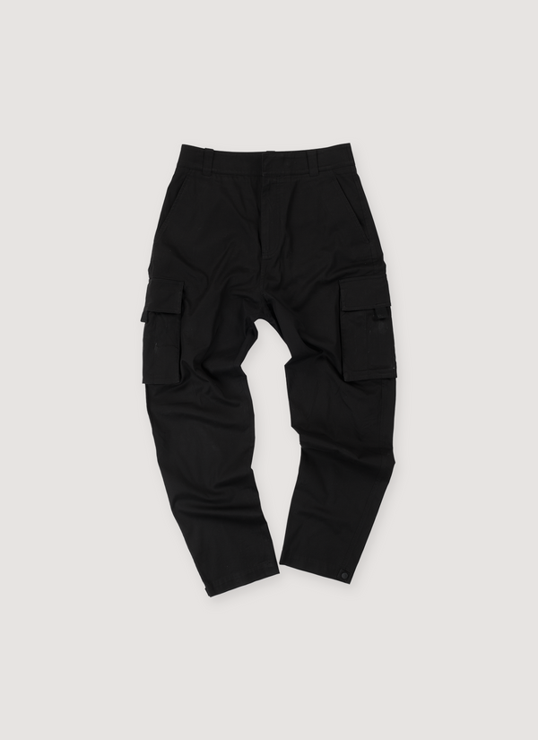 Dior Cargo Pants Black Gabardine (Pre-Owned) zip and hook closure, snap button pockets and ankles, side cargo pockets, side slit pockets, front view Cargo Pants Black Gabardine (Pre-Owned) - Authenticated Trousers | Pieces Los Angeles