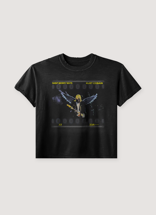 GV Gallery Kurt Angel Tee Shirt Vintage Black with graphic of Kurt Cobain with a guitar and angel wings, front view Kurt Angel Tee Vintage Black - Authenticated T-shirts | Pieces Los Angeles