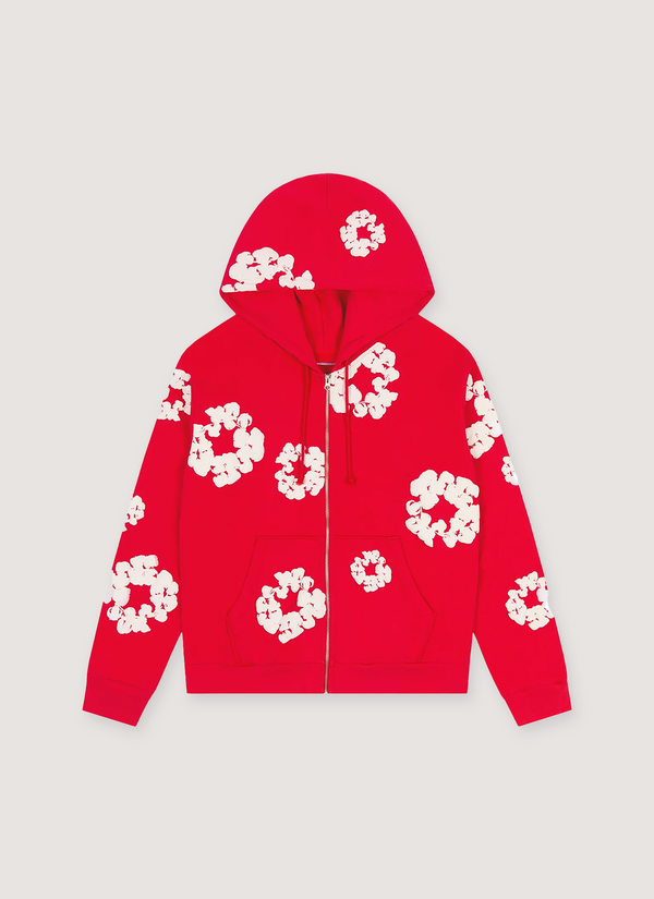 Denim Tears Cotton Wreath Zip Up Sweatshirt Red Hoodie with white wreath flower graphics all over, front view Cotton Wreath Zip Up Sweatshirt Red - Authenticated Sweatshirts | Pieces Los Angeles