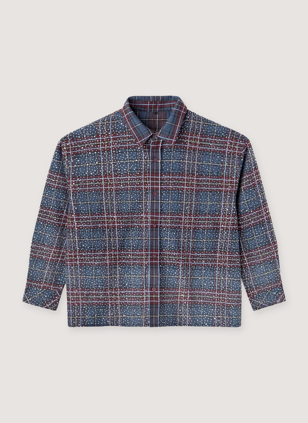 HMDD LA Happy Memories Don't Die Disco Flannel Navy Red cotton flannel with rhinestone pattern, button closure, boxy fit, front view Disco Flannel Navy Red - Authenticated Shirts | Pieces Los Angeles