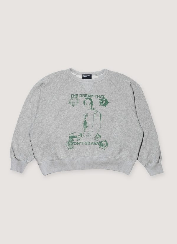 Enfants Riches Déprimés The Dream That Won't Go Away Raglan Sweatshirt Crewneck Heather Grey cotton fleece with ribbed cuff, ribbed neck, ribbed hem, with green vintage graphic and text, front view The Dream That Won't Go Away Raglan Sweatshirt Heather Grey - Authenticated Sweaters | Pieces Los Angeles