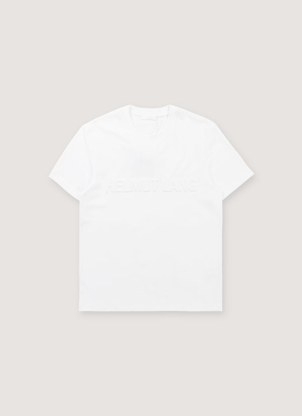 Helmut Lang Embossed Tee Shirt Optic White with 3D embossed logo, ribbed neck, front view Embossed Tee Optic White - Authenticated T-shirts | Pieces Los Angeles