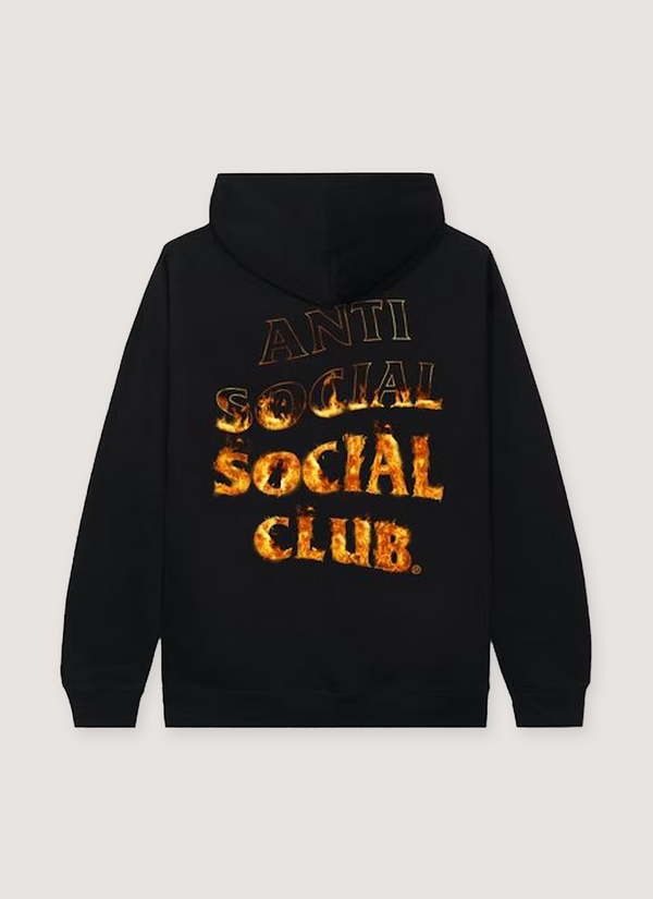 Black Anti Social Social Club A Fire Inside Sweatshirt back view with yellow flames in the text A Fire Inside Sweatshirt - Authenticated Sweatshirts | Pieces Los Angeles
