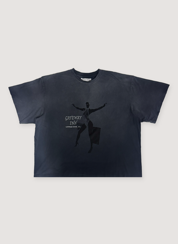 Eifles Gateway Inn Tee Vintage Navy faded washed with black graphic, front view Gateway Inn Tee Vintage Navy - Authenticated T-shirts | Pieces Los Angeles