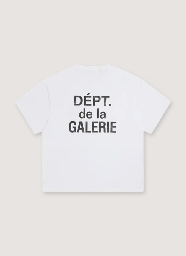 Gallery Dept. French Logo Tee Shirt White with boxy relaxed fit, semi-cropped, big printed black text logo, DEPT de la GALARIE, back view French Logo Tee White - Authenticated T-shirts | Pieces Los Angeles