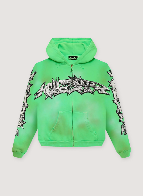 Hellstar Grafitti Zip Up Sweatshirt Green custom milled fleece hoodie with distressed detailings, custom mold zipper, potassium spray, printed sharp text graphics, front view Grafitti Zip Up Sweatshirt Green - Authenticated Sweatshirts | Pieces Los Angeles
