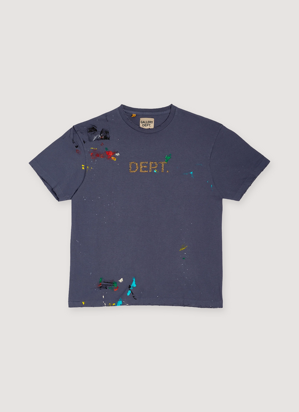 Gallery Dept. Dept Logo Handpainted Tee Shirt Vintage Navy with gold glitter ink, hand-[ainted pain splaters, front view Dept Logo Handpainted Tee Vintage Navy - Authenticated T-shirts | Pieces Los Angeles