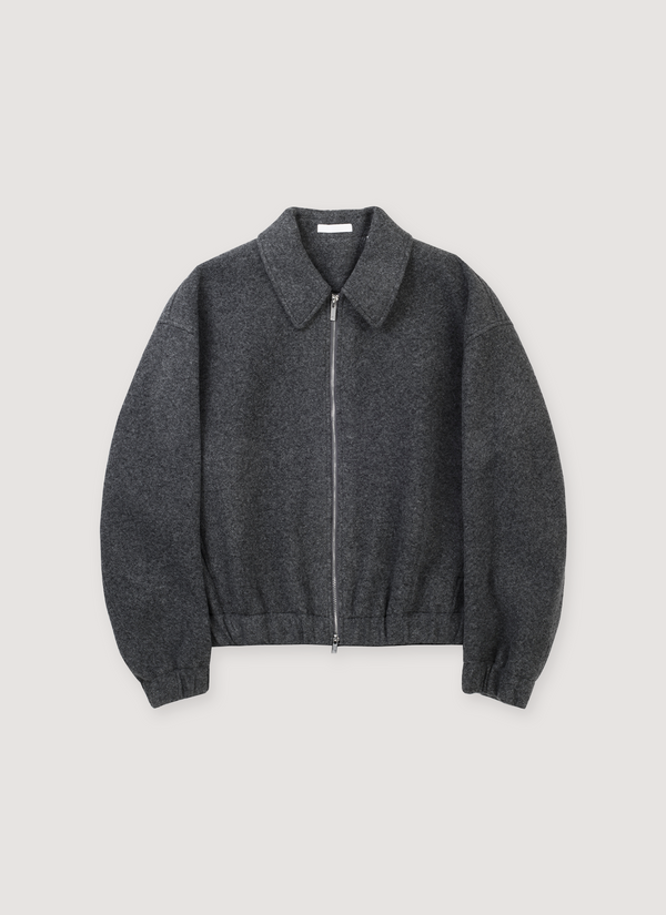 Helmut Lang Shell Bomber Grey Melange Black, 2-way front zipper closure, pointed collar, elastic hem and cuffs, in-seam pockets, leather logo patch, relaxed fit, front view Shell Bomber Grey Melange Black - Authenticated Jackets | Pieces Los Angeles