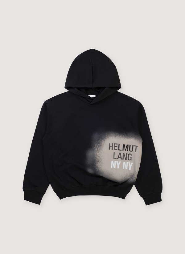 Helmut Lang Spray Relaxed Sweatshirt Black Hoodie with Spraypainted Stencil Style tan cream graphic, front view Spray Relaxed Sweatshirt Black - Authenticated Sweatshirts | Pieces Los Angeles