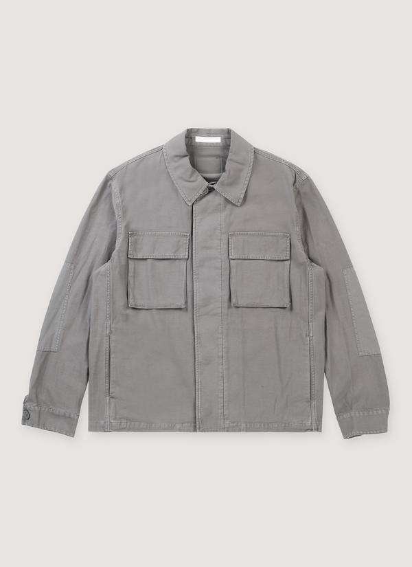 Helmut Lang Garment Dyed Utility Jacket Stone Grey, pointed collar, concealed front button closure, dimensional front flap pockets, on-seam pockets, button cuff closure, front view Garment Dyed Utility Jacket Stone - Authenticated Jackets | Pieces Los Angeles