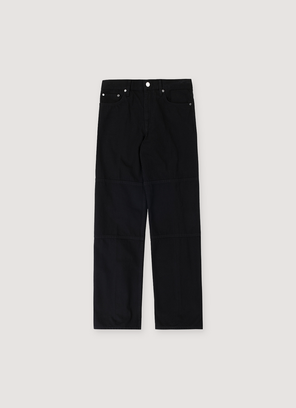 Helmut Lang Zip Carpenter Jeans Rinsed Black Denim Pants with wide leg zips to straight leg, zip fly with button closure, leather logo back pocket, front view Zip Carpenter Jeans Rinsed Black - Authenticated Jeans | Pieces Los Angeles