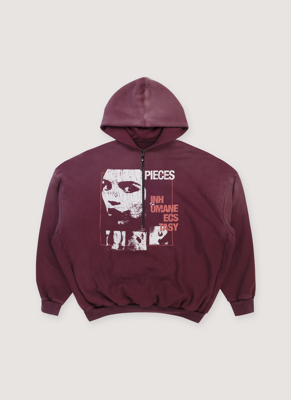 Pieces Inhumane Half Zip Sweatshirt Vintage Maroon hoodie with half-zip zipper, graphics and text on the hoodie, front view Inhumane Half Zip Sweatshirt Vintage Maroon - Authenticated Sweatshirts | Pieces Los Angeles