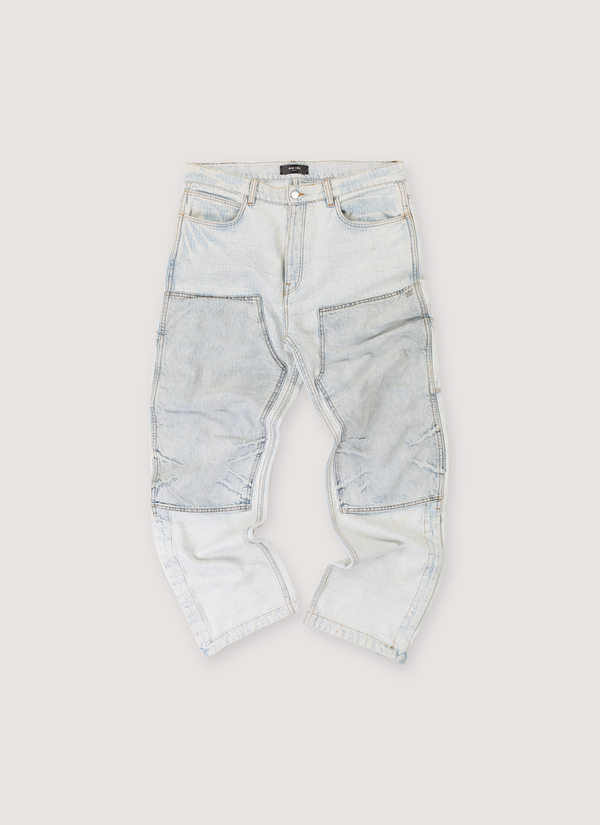 Amiri Jacquard Carpenter Pants Bleached Indigo Blue Jeans (Pre-Owned), Jacquard Amiri logo pattern, metal embellishments, snap button leg opening, front view Jacquard Carpenter Pants Bleached Indigo (Pre-Owned) - Authenticated Jeans | Pieces Los Angeles