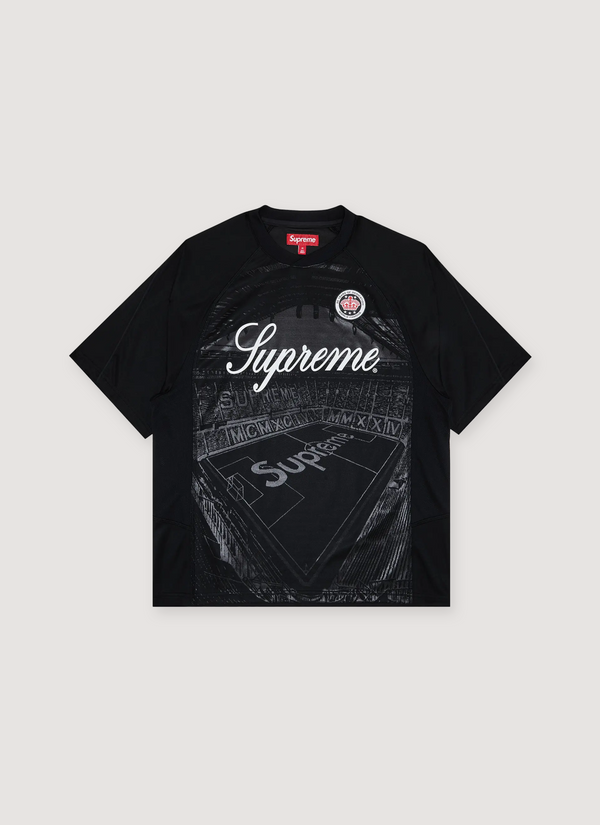 Supreme Jacquard Soccer Jersey tee shirt Black, with woven patch, and embroidered graphic of a stadium that says Supreme, front view Jacquard Soccer Jersey Black - Authenticated T-shirts | Pieces Los Angeles