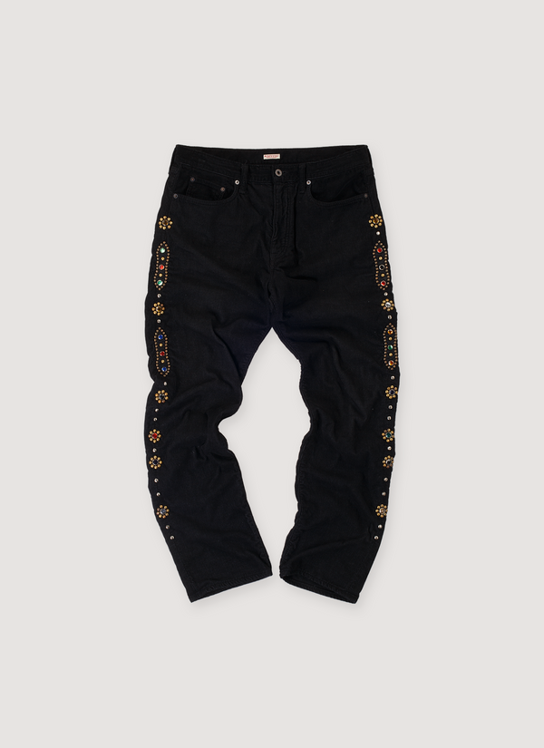 Kapital Jeweled Corduroy Pants Black (Pre-Owned) with jewel and metal embelishments, button and zipper closure, 5 pocket design, front view Jeweled Corduroy Pants Black (Pre-Owned) - Authenticated Trousers | Pieces Los Angeles