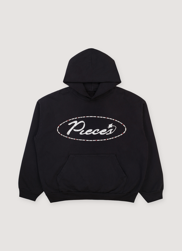 Pieces Jeweled Sweatshirt Black Hoodie sweatshirt with a cursive Pieces logo surrounded by red rhinestone jewels, front view Jeweled Sweatshirt Black - Authenticated Sweatshirts | Pieces Los Angeles