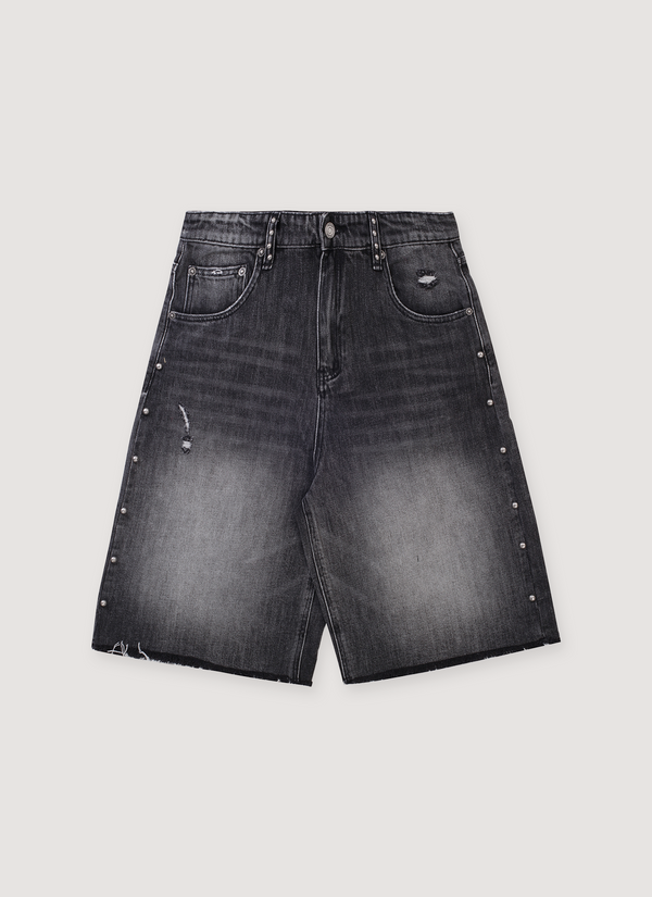 Vague Studios Studded Studios Jorts shorts Ash washed faded black, with studs going down the sides, distressed, front view Studded Studios Jorts Ash - Authenticated Shorts | Pieces Los Angeles