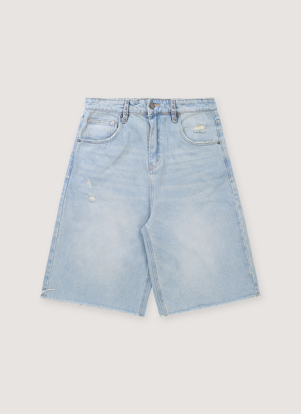 Vague Studios Jorts Coast Light Blue Denim Shorts slightly distressed with light tears, front view Studios Jorts Coast - Authenticated Shorts | Pieces Los Angeles