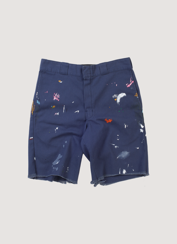 Paly Hollywood Junkie Shorts Navy (Pre-Owned) with paint splatter details and zip fly, raw edge, front view Junkie Shorts Navy (Pre-Owned) - Authenticated Shorts | Pieces Los Angeles