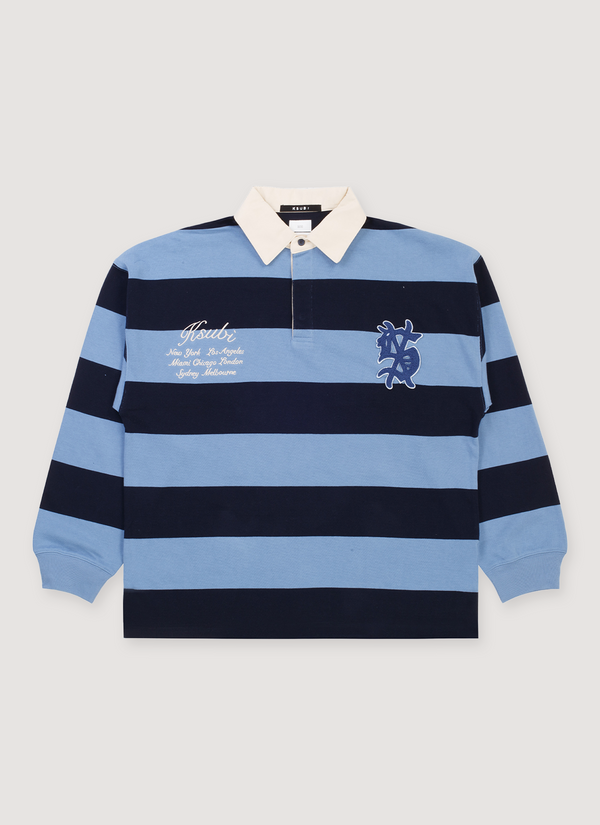 Ksubi Rugged Rugby Jersey Faded Ice Blue Navy stiped with quarter button rugby collar, rats tail detail, T box branding, branded hardware, front view Rugged Rugby Jersey Faded Ice - Authenticated Shirts | Pieces Los Angeles