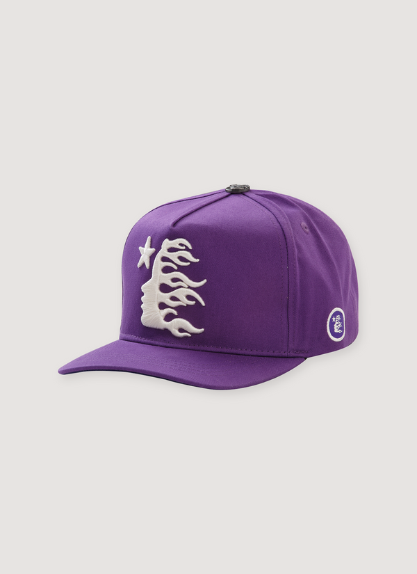 Hellstar Logo Snapback Hat Purple with high profile crown, embroidered white logos, adjustable snap closure, custom metal logo top button, front view Logo Snapback Hat Purple - Authenticated Hats | Pieces Los Angeles