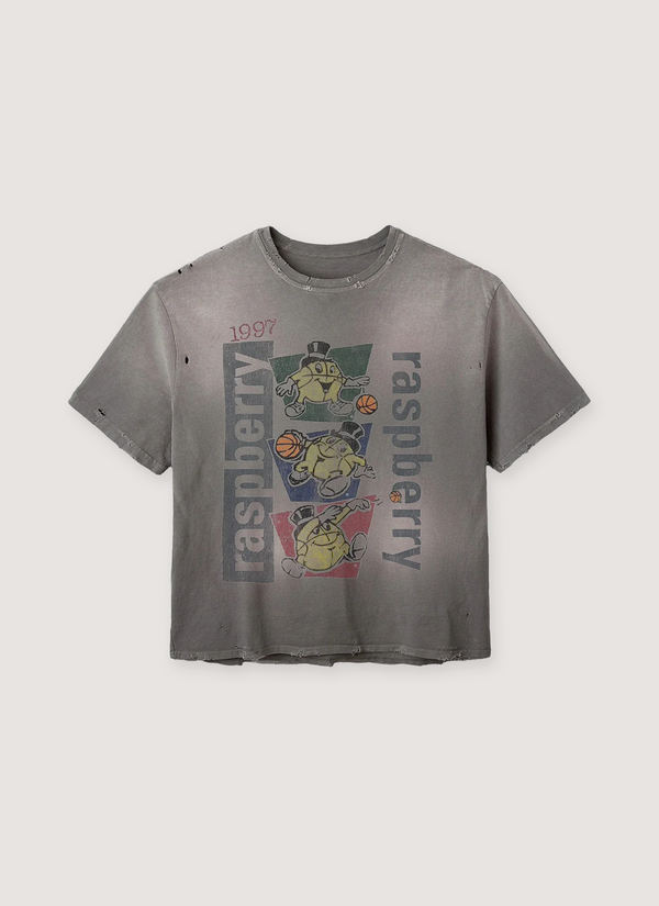 GV Gallery Macker V2 Tee Vintage Grey with faded graphic text and cartoon basketballs, front view Macker V2 Tee Vintage Grey - Authenticated T-shirts | Pieces Los Angeles