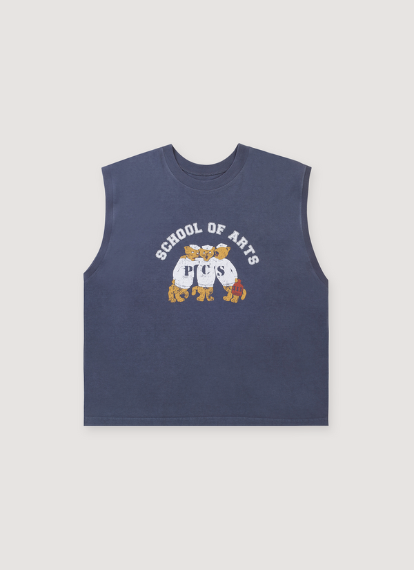 Pieces Mascot Sleeveless Shirt Vintage Navy tank top with text that says School of Arts and 3 characters on it front view Mascot Sleeveless Shirt Vintage Navy - Authenticated Sleeveless | Pieces Los Angeles