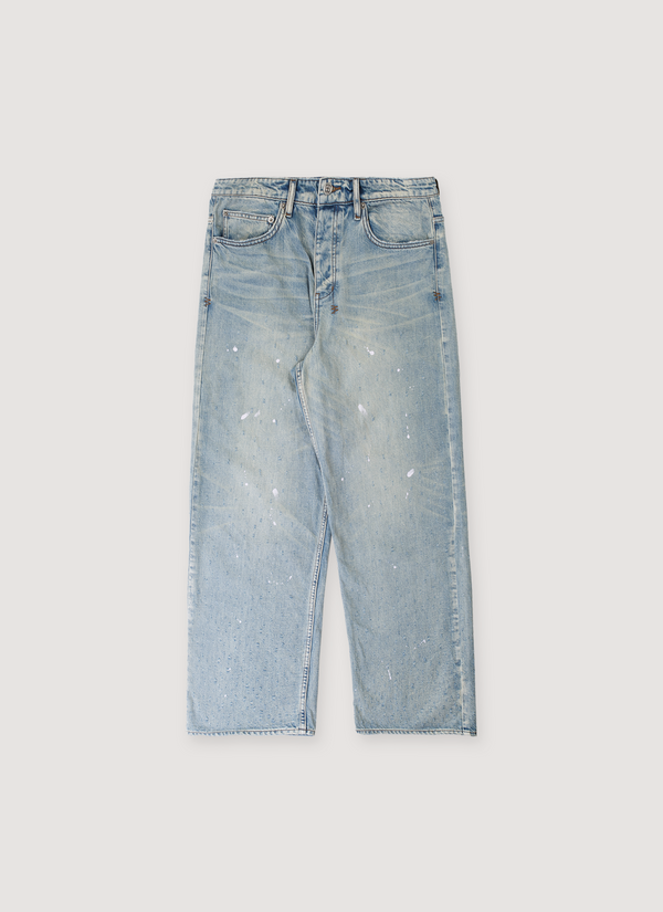 Ksubi Maxx Scatter Denim Blue jeans with light white pain splatter and faded wash, front view Maxx Scatter Denim Blue - Authenticated Jeans | Pieces Los Angeles