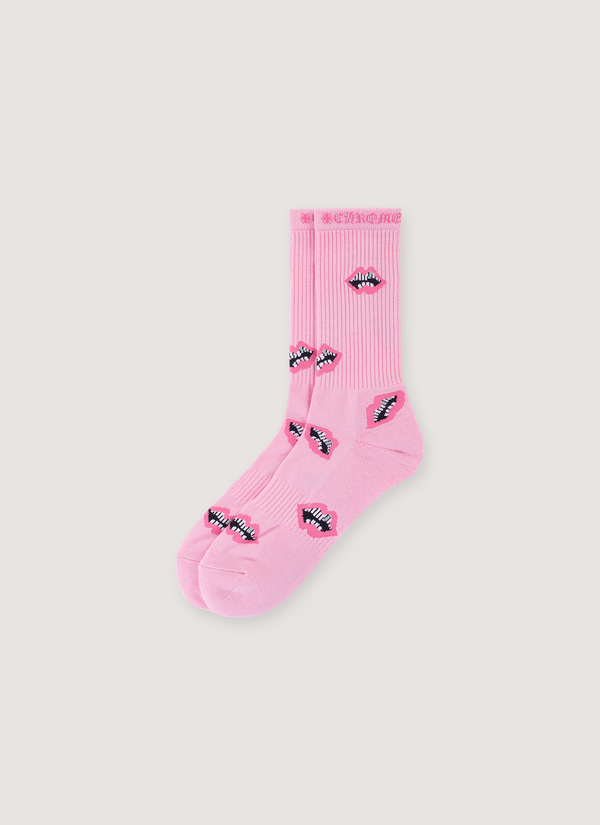 Chrome Hearts Matty Boy Chomper Socks Pink with woven pink chomper logos of mouth lips, woven Chrome Hearts text, shiny thread tooth detail Matty Boy Chomper Sock - Authenticated Socks | Pieces Los Angeles