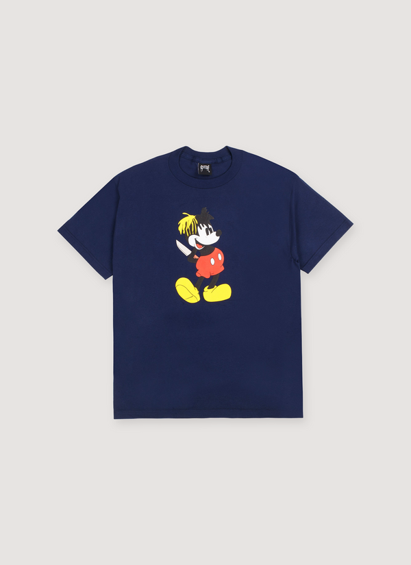 Revenge XXXtentacion Exclusive Don't Kill Your Friends Tee shirt navy blue with graphic of Micky Mouse holding a knife, front view XXXtentacion Exclusive Don't Kill Your Friends Tee Navy - Authenticated T-shirts | Pieces Los Angeles