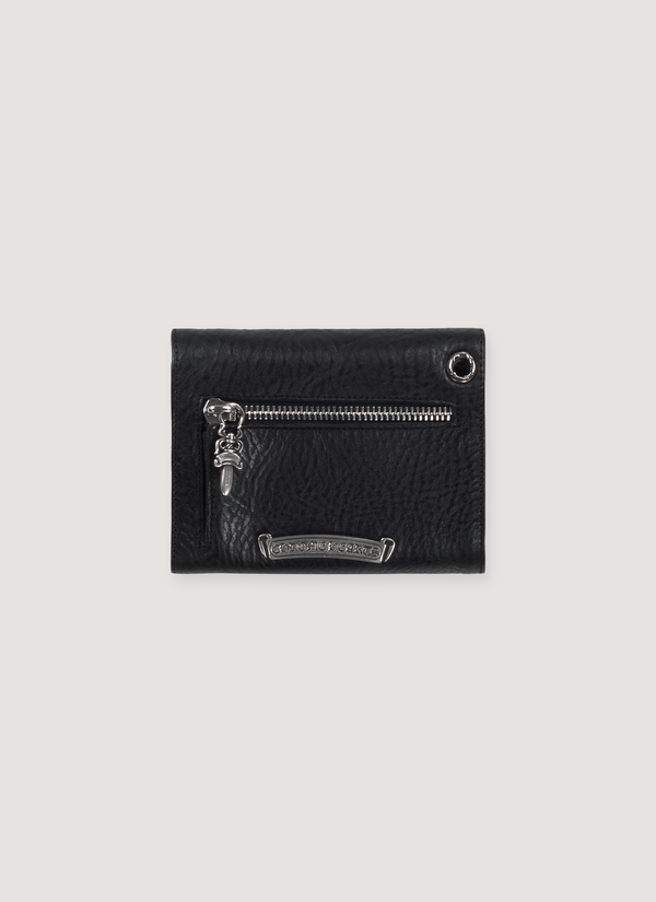 Chrome Hearts Mini Wave Wallet Black 100$ pebbled leather, .925 silver details, .925 silver dagger zipper pull, 6 card slots, bill pocket, front view Mini Wave Wallet Black - Authenticated Wallets | Pieces Los Angeles