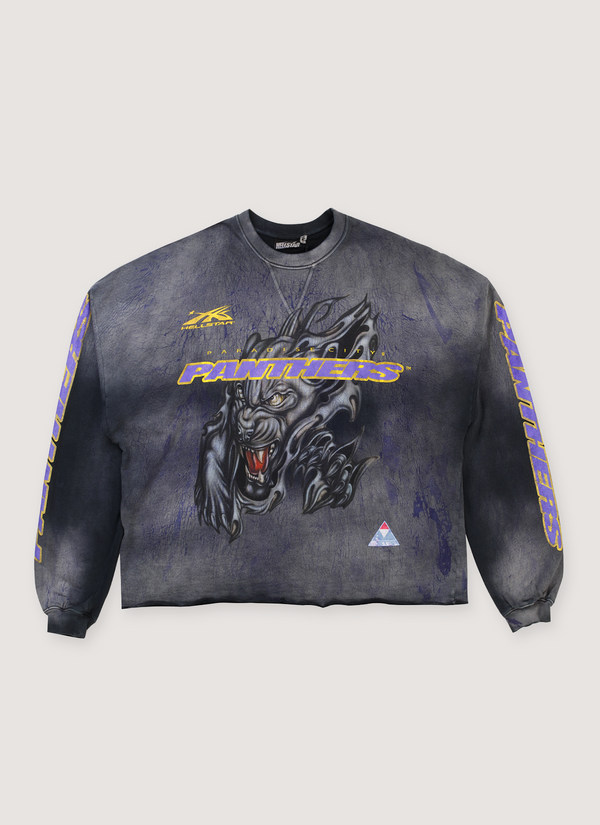 Hellstar Paradise City Panthers Crewneck Vintage Black heavyweight custom milled fleece, vintage wash, potassium sprayed, screen printed logos and purple text, front view Paradise City Panthers Crewneck Vintage Black - Authenticated Sweaters | Pieces Los Angeles