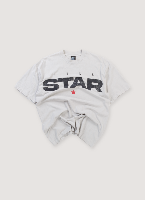 Hellstar Path to Paradise Tee Shirt Vintage White (Pre-Owned) with distressed printed black graphic logo text, front view Path to Paradise Tee Stone (Pre-Owned) - Authenticated T-shirts | Pieces Los Angeles